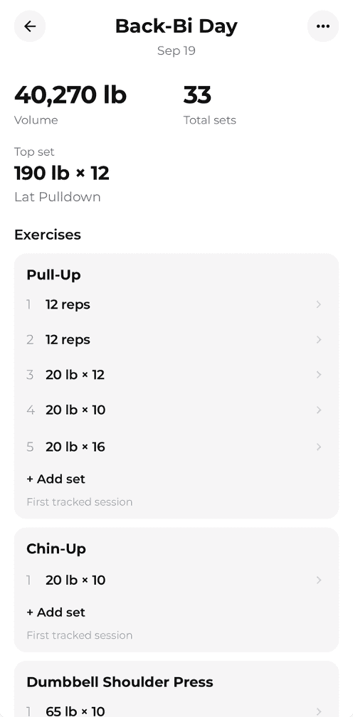 SaySet workout summary with volume, sets, and exercises